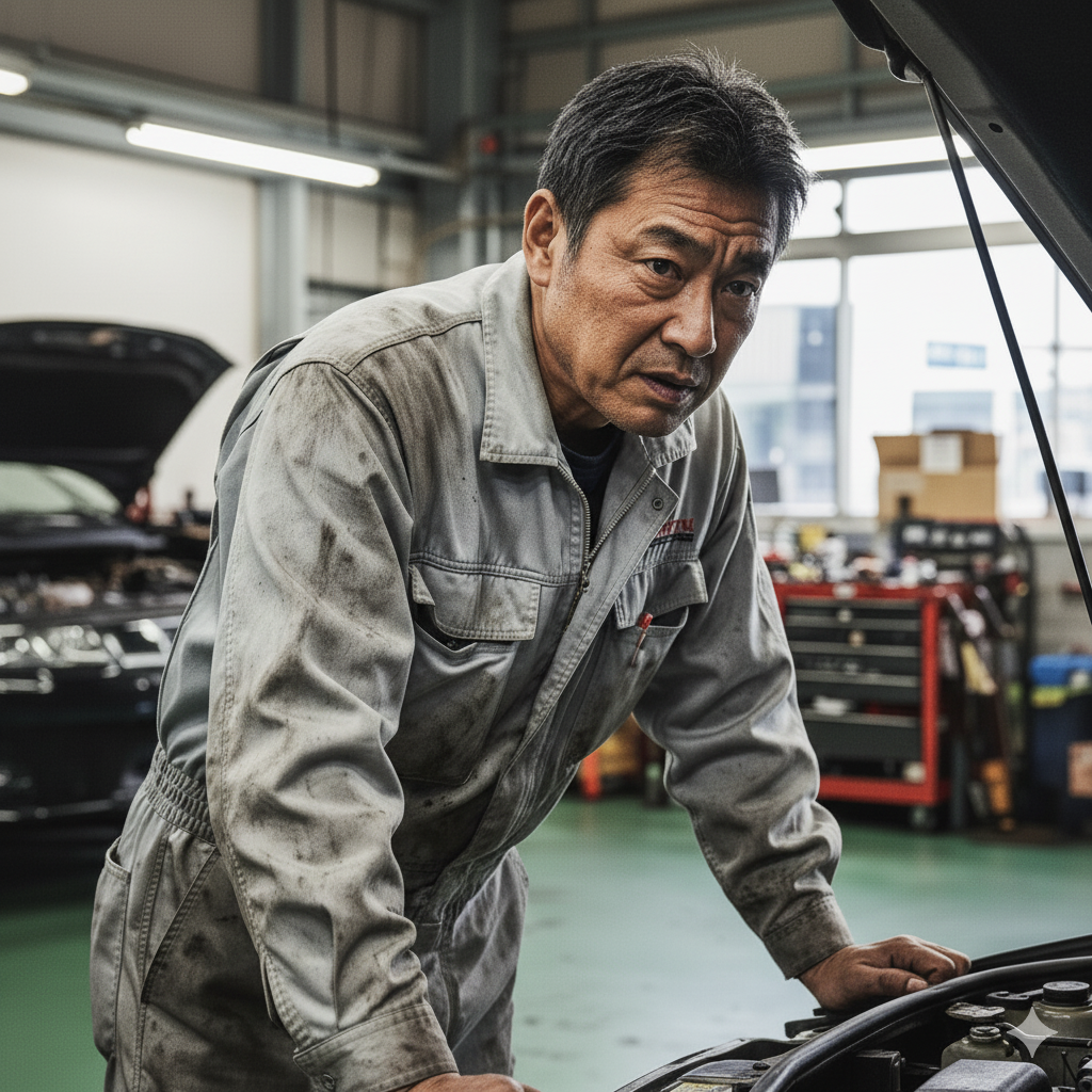 エンジンルームを前に思案する整備士